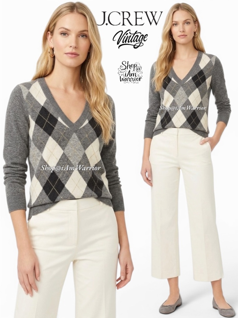 J.Crew gray wool/cashmere argyle v-neck sweater *shop@iamwarrior